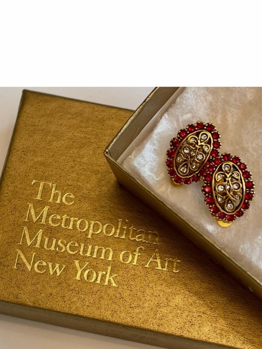 NIB Vintage Signed Garnet Rhinestone MMA Clip Earrings